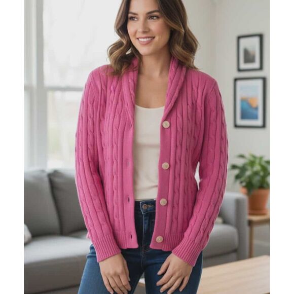 Chaps Sweaters - Chaps Size L Cardigan Shawl Collar Cotton Sweater Cable Knit Pink Old Money Chic